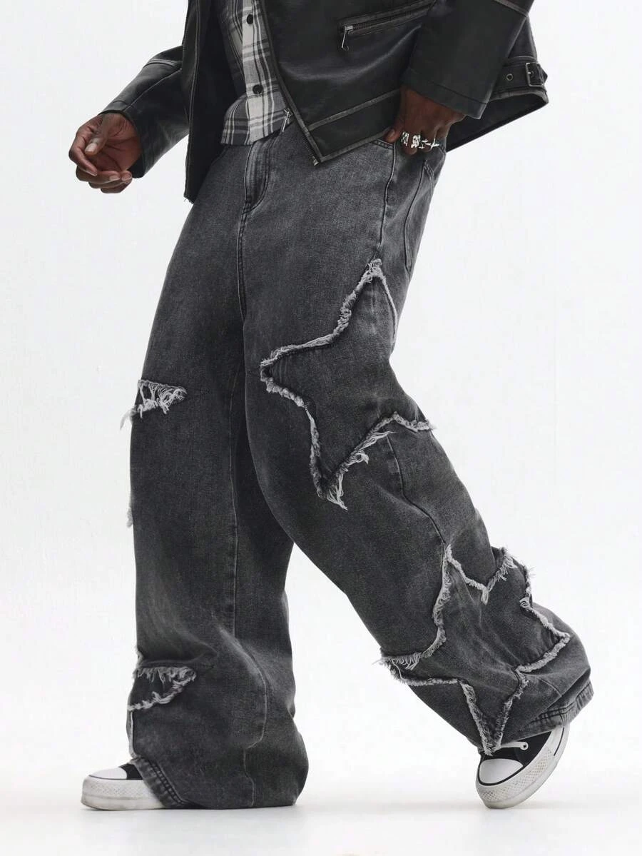 SUMWON Jeans amples à jambes larges avec motif d'étoiles extrême, effet délavé et déchiré, look vintage, style casual de rue, coupe ample | Mode en ligne | SHEIN FRANCE