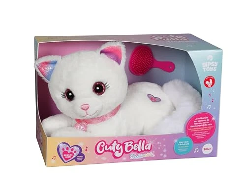 Gipsy Toys - Cuty Bella Fashionista - Peluche Interactive Chat Cuty Bella Fashionista – Toute Douce Qui s’illumine au Rythme de Jolies mélodies - 30 cm - Blanc Rose - Version Française