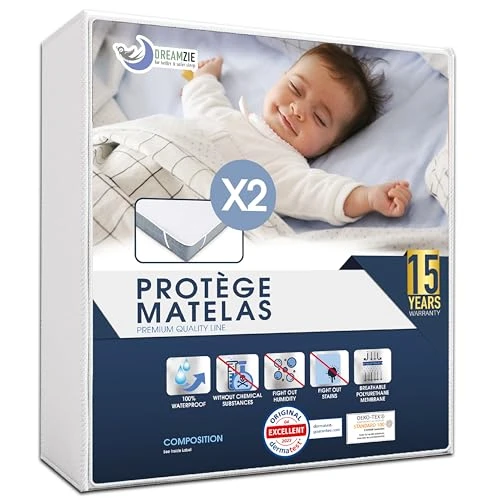 Protege Matelas Bebe 60x120 cm Imperméable (Lot de 2) Oeko TEX par Dreamzie - Alèse en Coton Respirant avec 4 Coins Elastiques