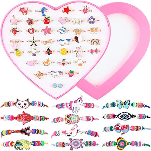 MEOWMEE Bague et Bracelet Fille, 48 PCS Réglables Bagues pour Enfants et Bracelet Amitié Fille Bagues Petites Filles Enfant Bijoux Bracelet Bagues Petites Filles Bijoux Enfants Cadeau de Fête