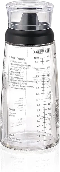 Leifheit Shaker pour Vos assaisonnements, Shaker Vinaigrette, Verre doseur gradué pour Faire des mélanges, ustensiles de Cuisine Multifonctions, Flacon doseur ML de 300 ML 3195