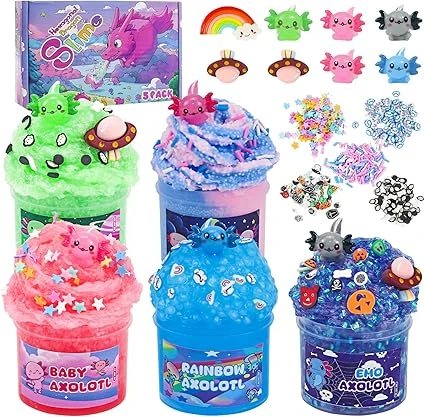 Axolotl Lot de 5 slimes à Modeler au Beurre Super Doux pour Enfants, Cadeaux de fête, Anniversaires, Halloween et Autres Occasions pour garçons et Filles