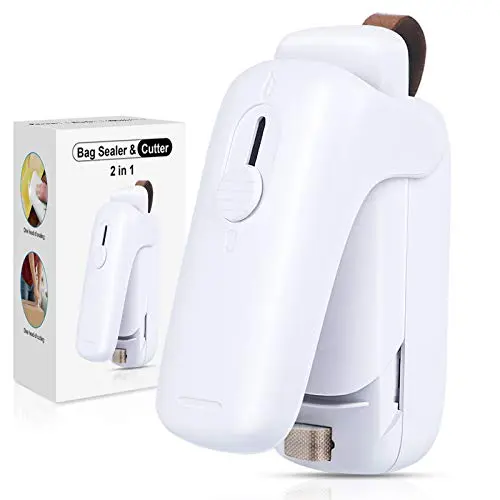 XIMU Mini Scelleur, 2 en 1 Mini Scellant pour Sacs Bag Sealer Scelleuse De Sacs avec Cutter, Scelleur Thermique, Mini Scelleur Portatif, Scelleur de Sac pour Plastique (Batterie Incluse) (Blanc)