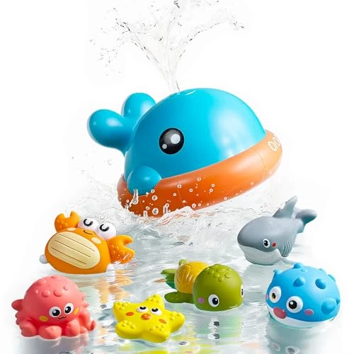 OR OR TU Jouets Bain Bébés Sprinkler Baleine, Jouets Bain Lumineux avec 6 Animaux Flottants sans Trou, Jouets pour Baignoire Bébés et Tout-Petits de 18 Mois Douche Baignade
