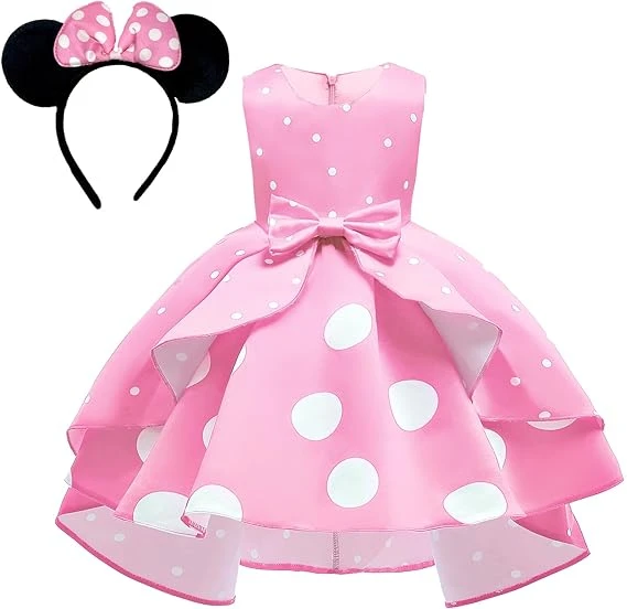 BJPERFMS Deguisement Minnie Fille, Déguisement Minnie, Robe Minnie, Rose Robe à Pois, Serre Tete Minnie, 3-4 Ans, Costume Minnie pour Carnaval Anniversaire Fête