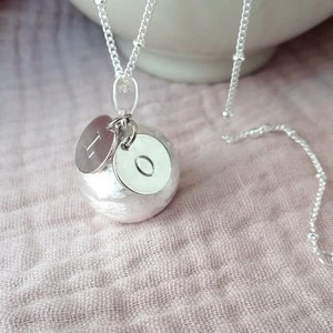 Personalized silver pregnancy bola. Initial medal. Lithotherapy stone pearl. Letter engraving