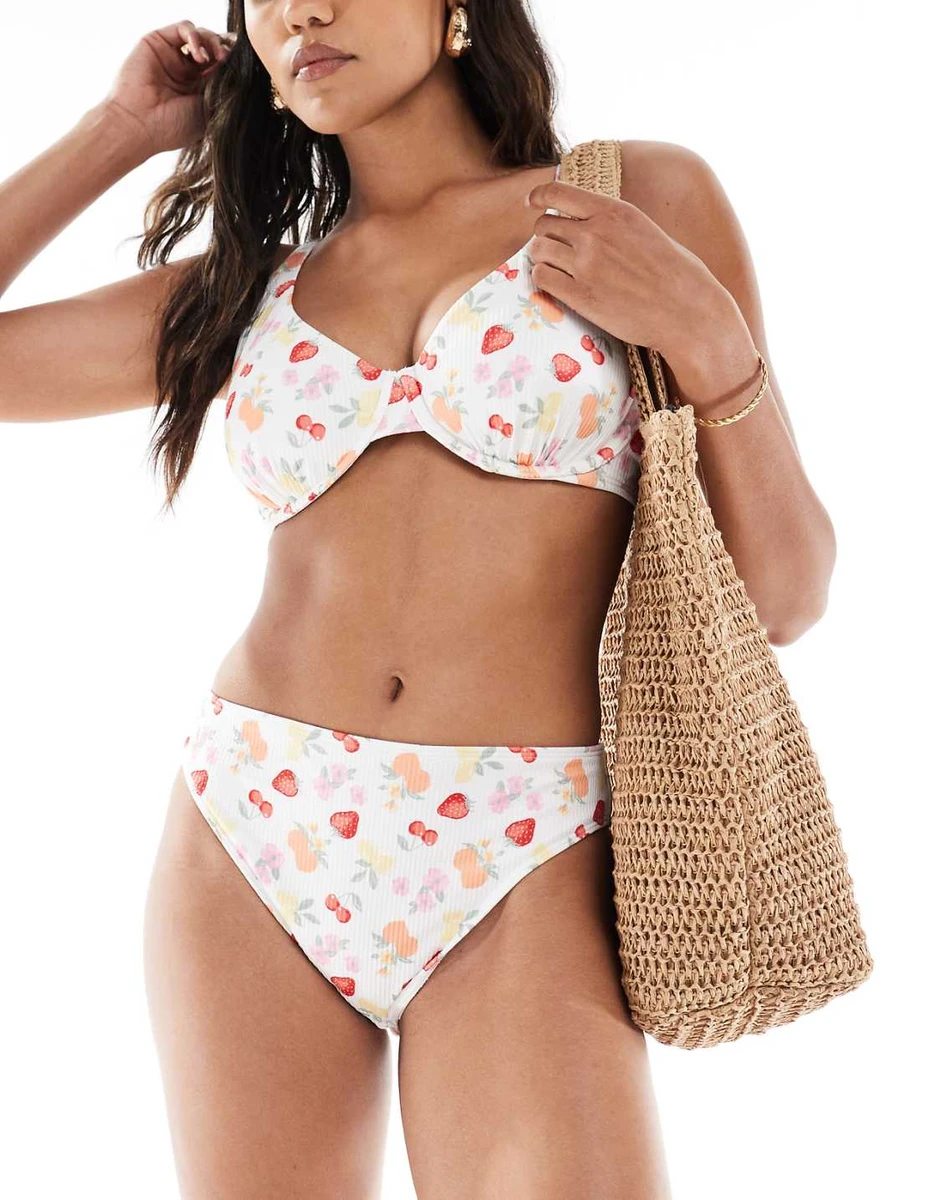 Hollister - Bas de bikini d'ensemble échancré à taille haute et imprimé fruits
