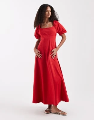 ASOS DESIGN - Robe mi-longue structurée en coton à encolure carrée et bretelle dans le dos - Rouge tomate