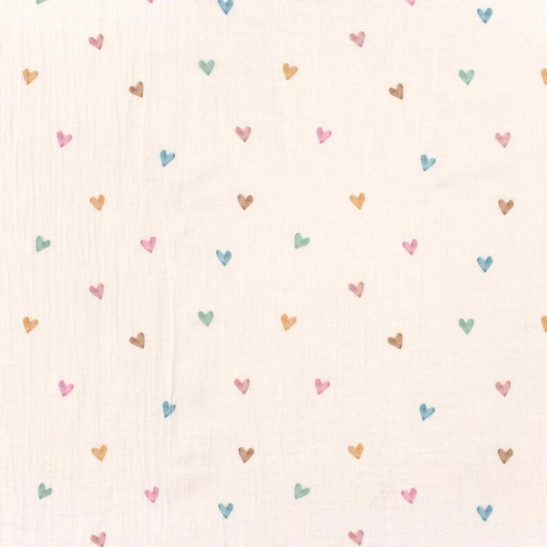 Tissu double gaze de coton Cœurs multicolores Impression numérique – blanc - Idéal pour Vêtements bébé