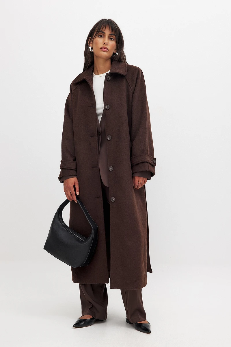 Raglan Sleeve Wool Blend Coat Brown