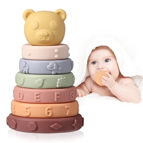 Oderra Jouet Tour Souple Empilable Bebe 6 Mois Sensoriel Eveil, Montessori Souple Jouet Dentition Bébé Bain bébé Jouets D'éveil, Jeux Educatif Garçon Fille