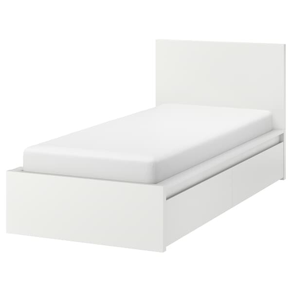 MALM Cadre de lit, haut, 2 rangements, blanc, Lönset, 90x200 cm - IKEA