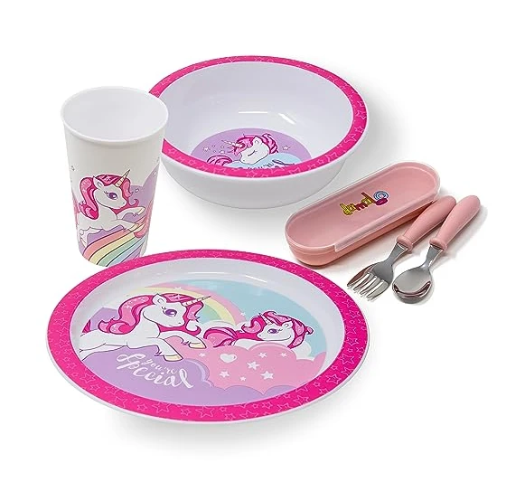 damaloo Coffret Repas Licorne pour Enfants - Bol, Tasse, Couverts, Assiette enfants, Service de Vaisselle Enfants pour Petit Déjeuner, Déjeuner et Dîner, Réutilisable et Sans BPA
