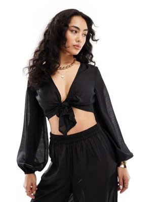 Vero Moda - Top d'ensemble de plage noué sur le devant - Noir