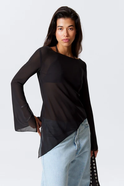 sheer asymmetric long-sleeved blouse - Black | Weekday EU