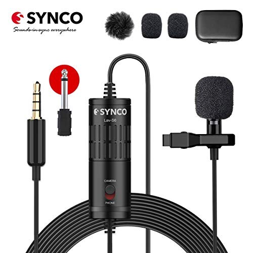 SYNCO Lav-S6 Micro Cravate, Clip on Lapel Microphone Caméra Smartphone 3.5mm Omnidirectionnel Audio Condensateur Câble de 6m Mic Lavalier pour iPhone Samsung Téléphone PC Caméscopes Vidéo