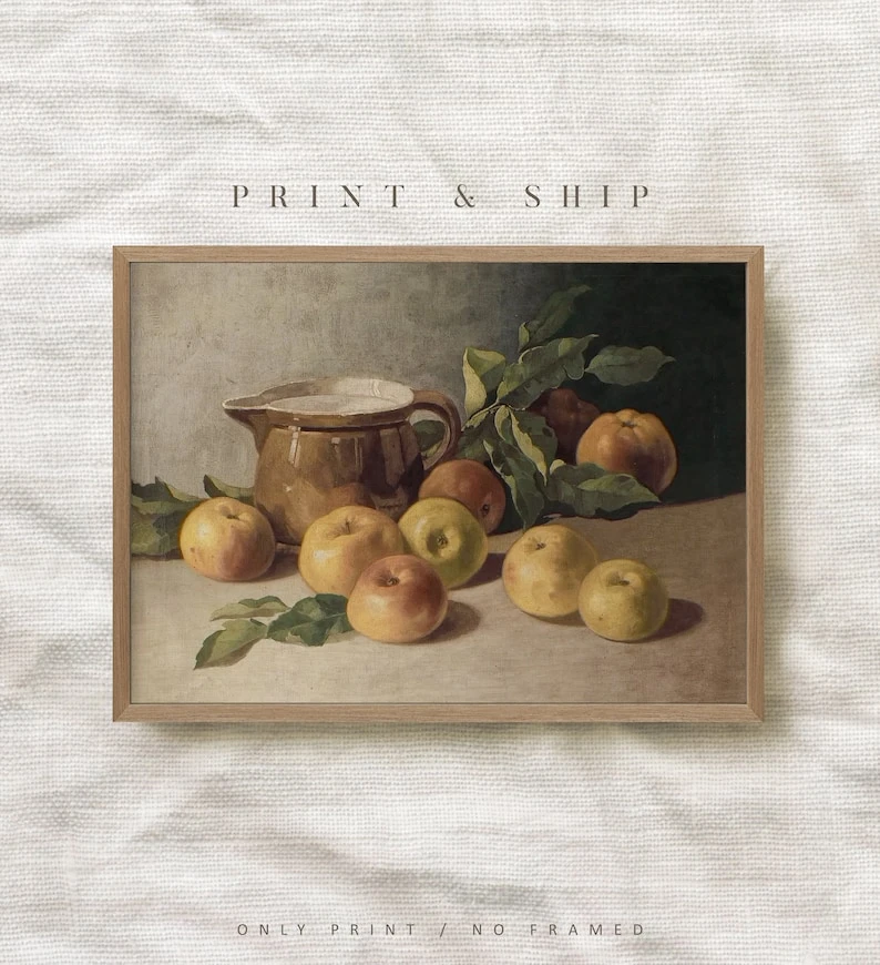 Nature morte aux pommes, impression de cuisine campagnarde, art mural cuisine vintage, pomme de mauvaise humeur, décoration de ferme #174