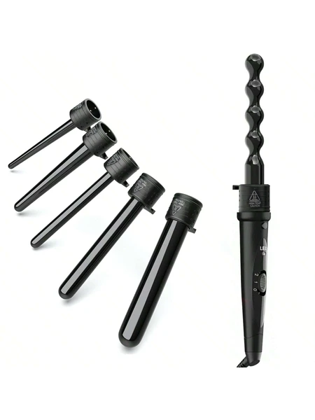 ANGENIL [UE]ANGENIL Ensemble de baguette à friser 6 en 1, baguette à friser améliorée, ensemble de 5 baguettes en céramique interchangeables de 0,35 à 1,25 pouces avec gant de protection contre la chaleur, fer à friser à double tension, cadeaux de fête des mères noir