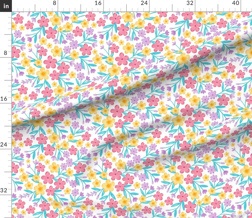 Fabric in Summer Meadow Vibrant Watercolor Floral Pattern On White