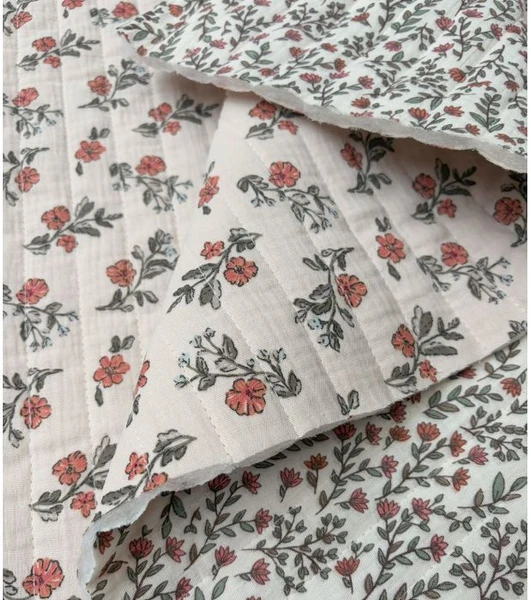 Tissu double gaze matelassé - motif fleuri beige, verso petites fleurs
