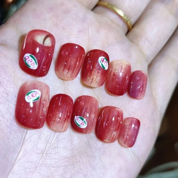 Presse à ongles ronde courte pomme fruit/ Fausse extension acrylique/ Fait main 10 pièces