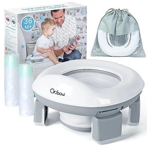 Orzbow Pot de Voyage Enfant Pliable,Pot Bebe Toilette avec 40 Pièces Sacs Jetables,Portable Siege Toilette Enfant avec Sac de Rangement,Reducteur Toilette Enfant à Emporter Partout (Gris)