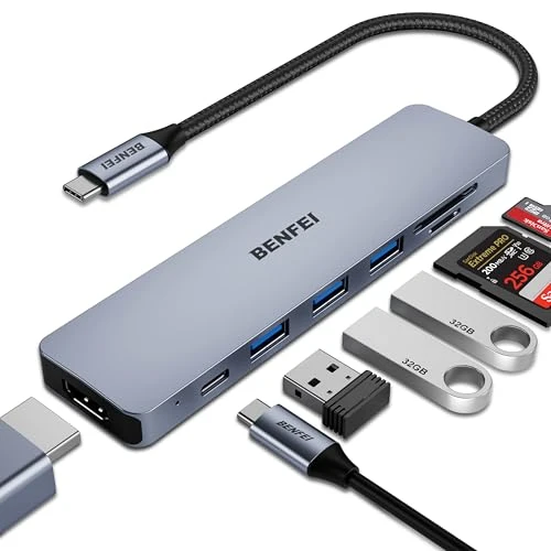 BENFEI Hub USB C 7 en 1, Adaptateur multiport USB-C, avec HDMI (certifié 4K @ 60Hz), Alimentation 100 W, 3 Ports USB 3.0 5 Gbps/Lecteur de Carte SD/TF (160 Mo/s) pour iPhone 15 Pro/Max MacBook iPad