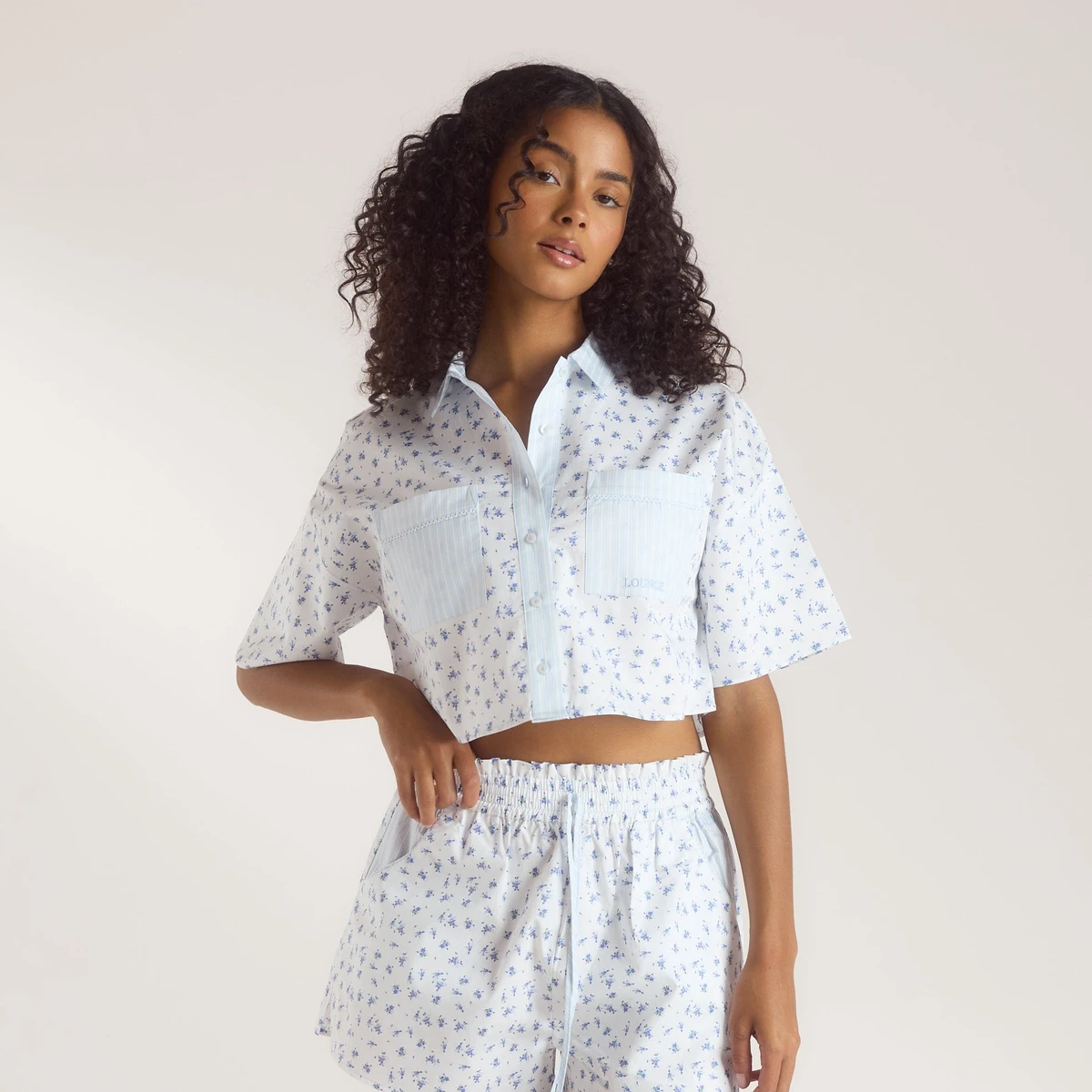 Chemise de Pyjama à Manches Courtes Bloom & Stripe - Bleu