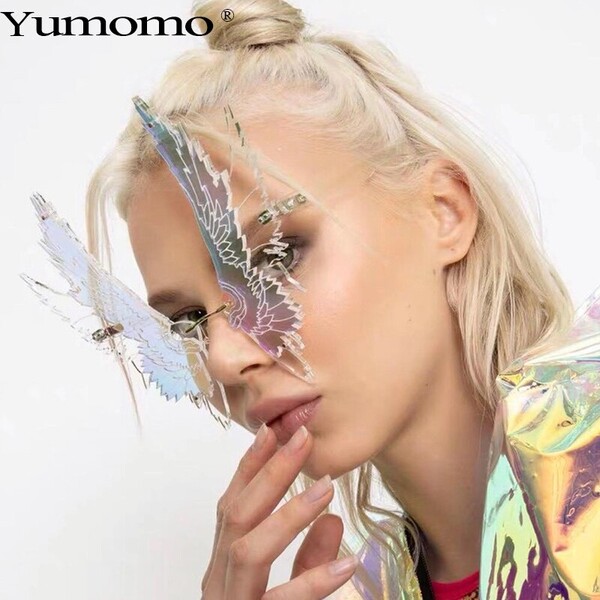 Lunettes de soleil en forme d'aile pour hommes et femmes, surdimensionnées, Vintage, sans bords, clair, violet, vert, à la mode