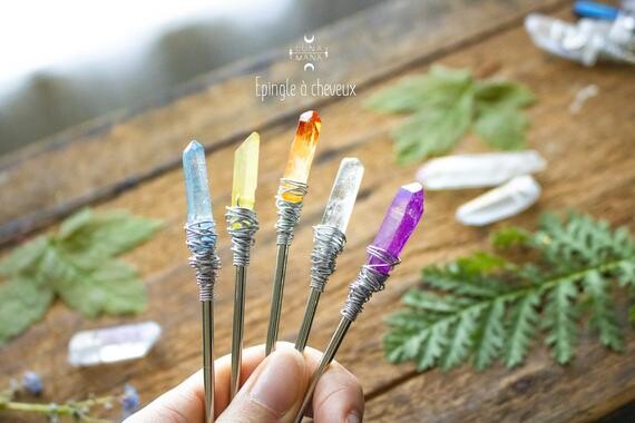 Quartz crystal hair wand (colored transparent quartz tip, various colors, fancy and boho, silver metal stick)