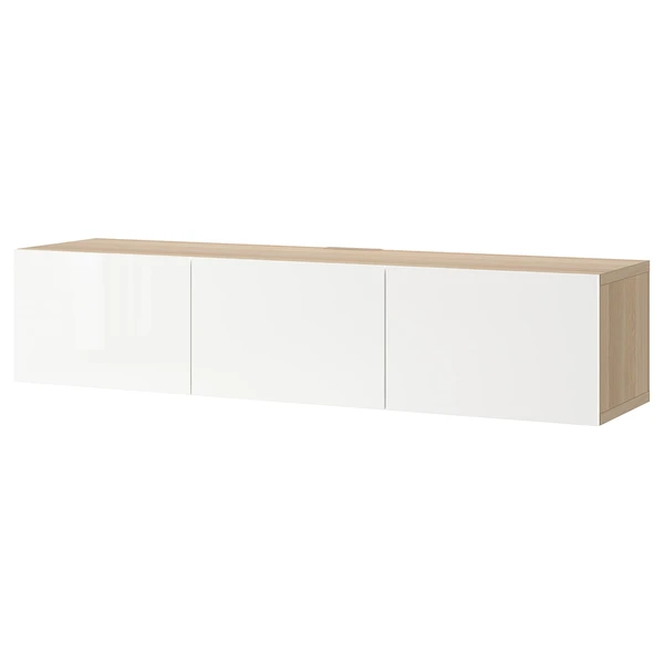 BESTÅ Banc TV avec portes - effet chêne blanchi/Selsviken brillant/blanc 180x42x38 cm