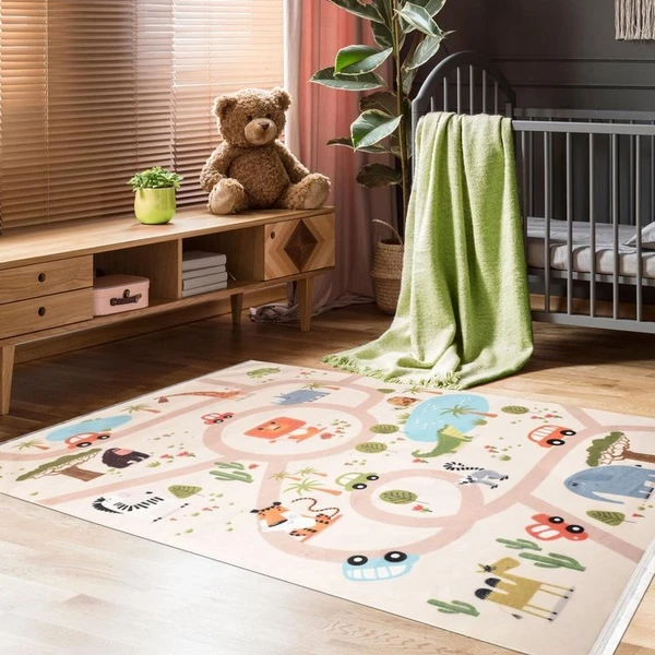 Tapis Tous Doux Route Pour Chambre d'enfant Lavable À La Machine - Rose - 120 x 170 cm