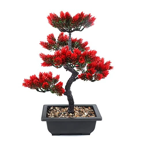 Bonsaï artificiel pin japonais - Décoration de plante artificielle - Fleurs artificielles - Pour bureau, comme décoration - Rouge vin