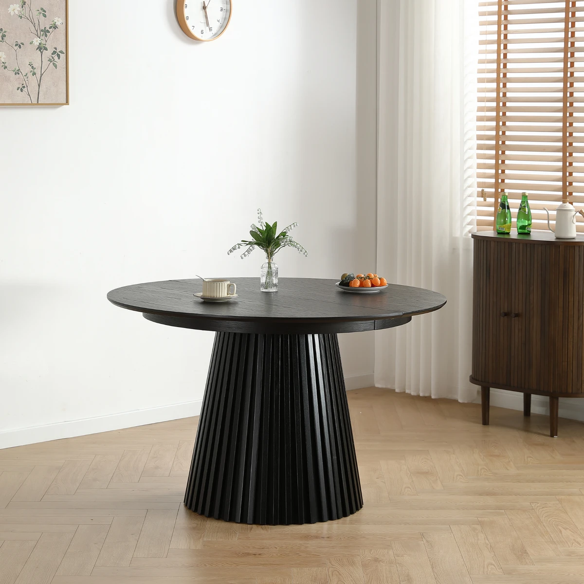 Lewis - Table ronde à lamelles en placage de chêne noir avec rallonge 120/160/200 cm - 2 rallonges incluses