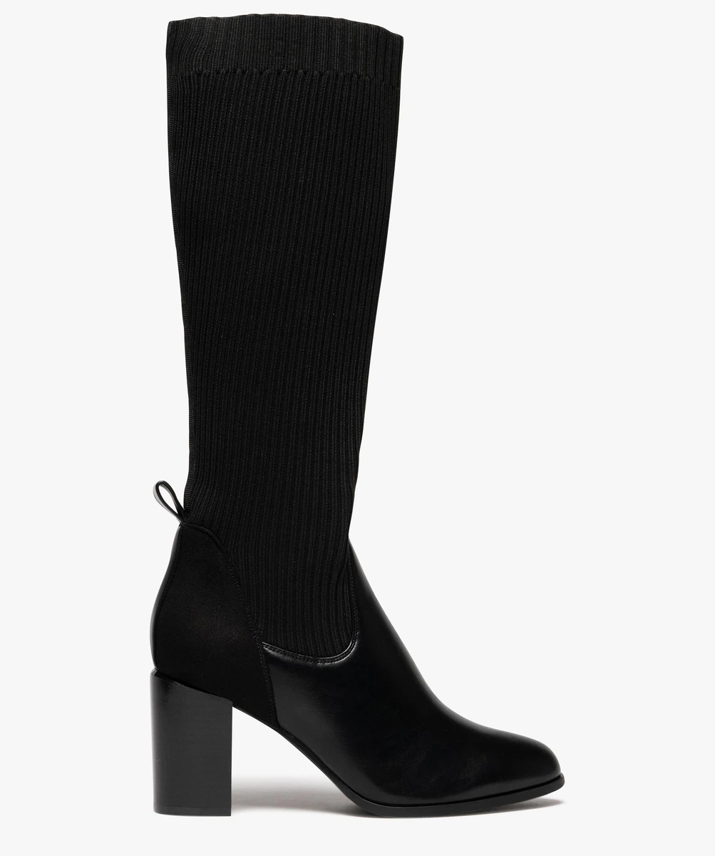 Bottes femme à talon tige chaussette en maille côtelée
