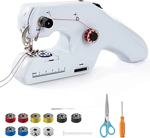 Machine à coudre manuelle avec double enfilage - Mini machine à coudre électrique portable pour débutants et adultes - Facile à utiliser - Pour débutants, rideaux applicables, jouets en tissu