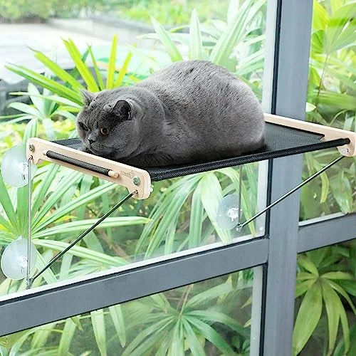 Pecute Hamac de Fenêtre Chat (58 * 36 cm), Chaise Longue de Fenêtre pour Chat, Hamac pour Chat en Bois Massif, Chat de Rebord de Fenêtre Transparent, Facile à Monter, Capacité de Charge maximale 15KG