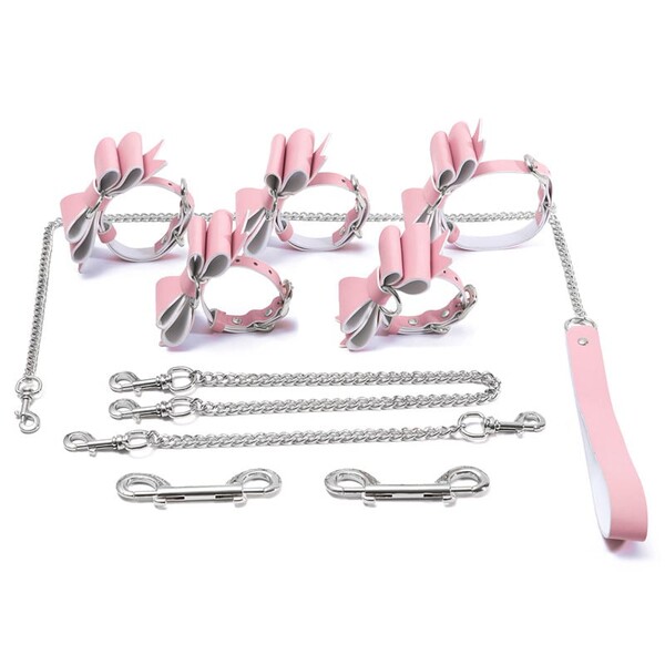 Prettybows Soft Lamb Leather Wrist Ankle Cuffs & Collar Leash Set - Pink/White Leather & Silver Alloy - LittleForBig Cute & Sexy Products