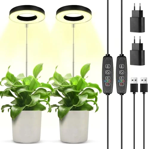 POWZOO Lampe pour Plante,Lampe de Croissance LED à Spectre Complet,9 Luminosité,Rotatif à 180°&amp; avec Minuterie 3/9/12H,Réglable en Hauteur Lampe de culture,pour Petites Plantes.(2PCS)