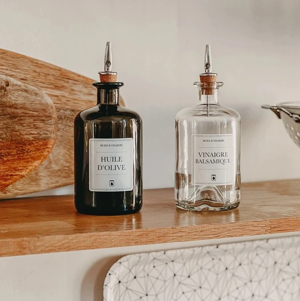 Duo Bouteilles d'Huile & Vinaigre Vertes Robert avec Becs Verseurs - Inox