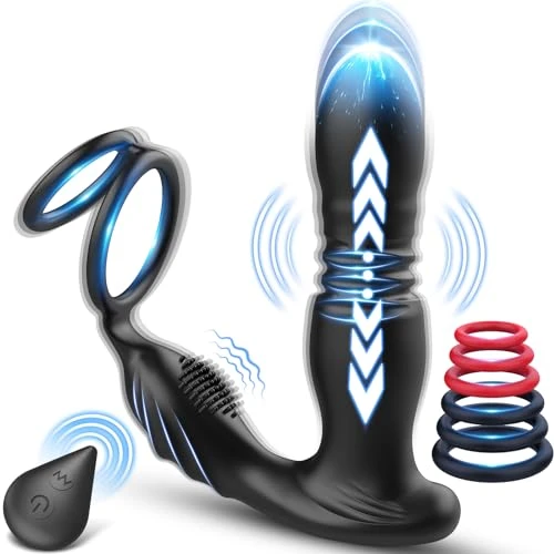 3 EN 1 Masseurs de Prostate Vibrant avec Anneau Pénien, Vibrateur Anal Télécommandé, Plug anal gode vibrateur avec 10 modes de poussée vibrant portabl Pour Couple