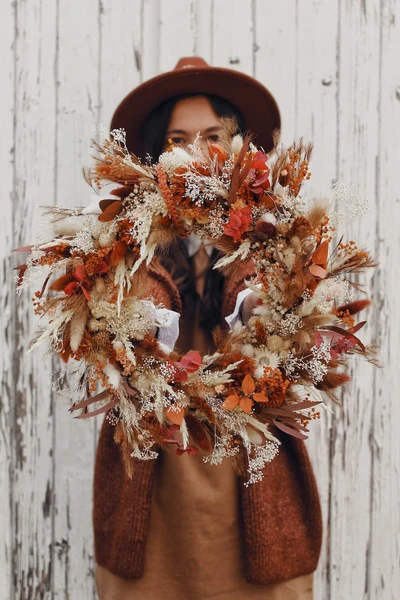 Couronne fleurs séchées 'Terracotta' - couronne de noël - couronne hiver - couronne orangé rouge - cadeau noël - couronne intérieur