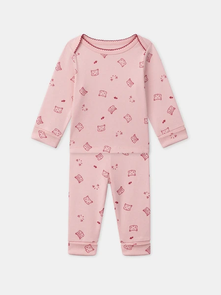 Pyjama rose imprimé têtes de chats et cœurs Bébé Fille