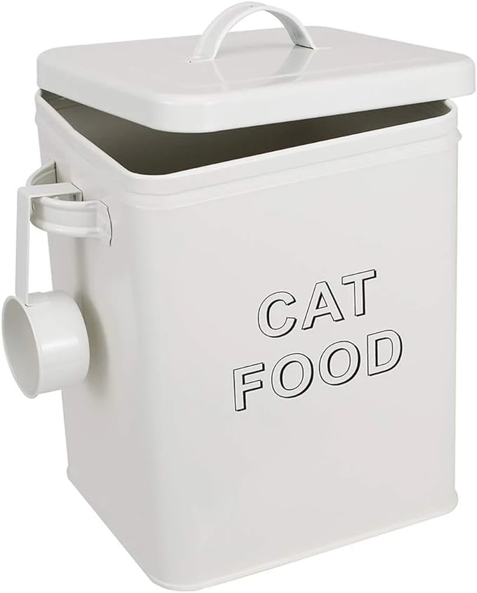 Pethiy Boîte de Rangement pour nourriture et friandises animaux-Conteneur Croquette Chat Avec une pelle -Couvercles en hermétiques-Acier carbone revêtu-Capacité 2,5 kg nourriture Boîtes -Blanc