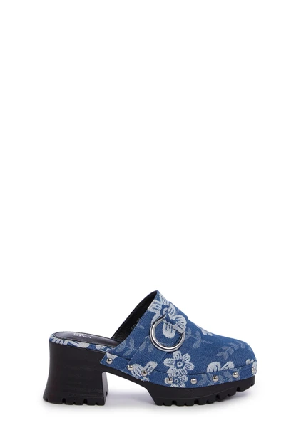 Floral Slip On Platform Mules- Blue