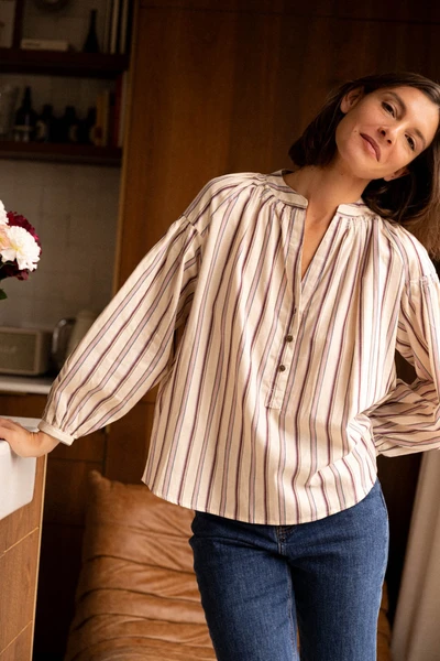 Blouse Ample A Rayures Et Col Mao - Beige - Boutique Libertie