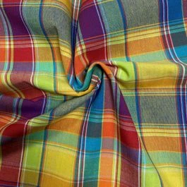 Tissu Madras à carreaux jaune, bleu et rouge
