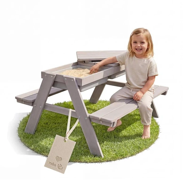 Table sable et eau en bois massif – pique-nique pour 4 enfants gris - Roba