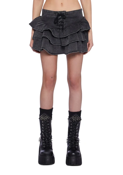 Current Mood Washed Denim Ruffled Mini Skirt - Grey
