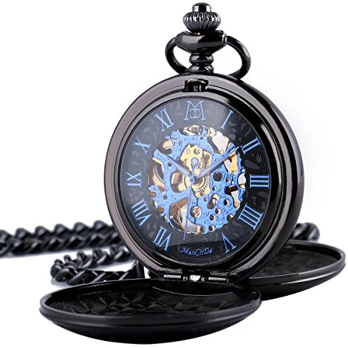 ManChDa Montre de Poche - Antique Chasseur Double Coque Mécanique Montre de Poche Élégant Cas gravé Retro Bleus Cadran Squelette avec chaîne + Boite Cadeau